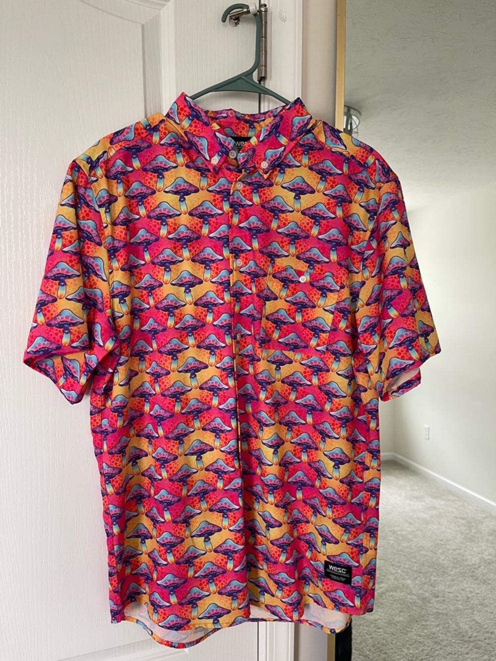 Wesc Vibrant Pink and Yellow Mushroom Print Short-Sleeve Button-Up Shirt